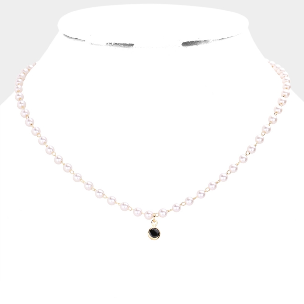 Black Pearl Necklace Round Stone Pendant Link Jewelry Accessory - Picture 2 of 3